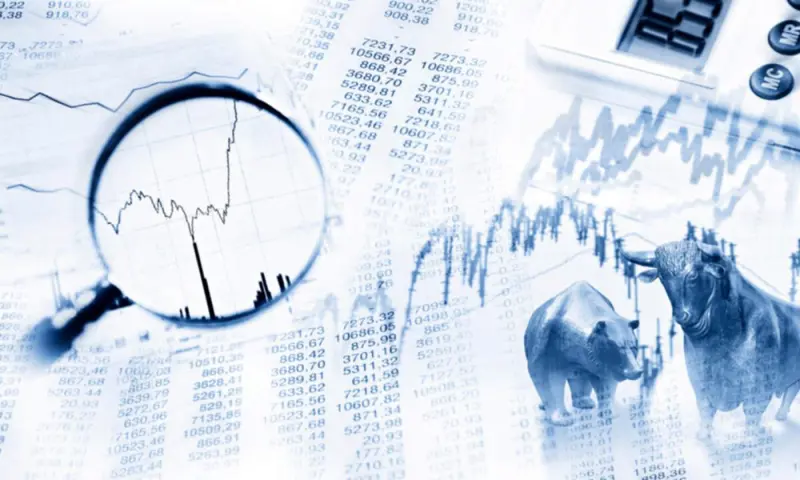 Stock market concept with charts, data, magnifying glass, and bull and bear figures