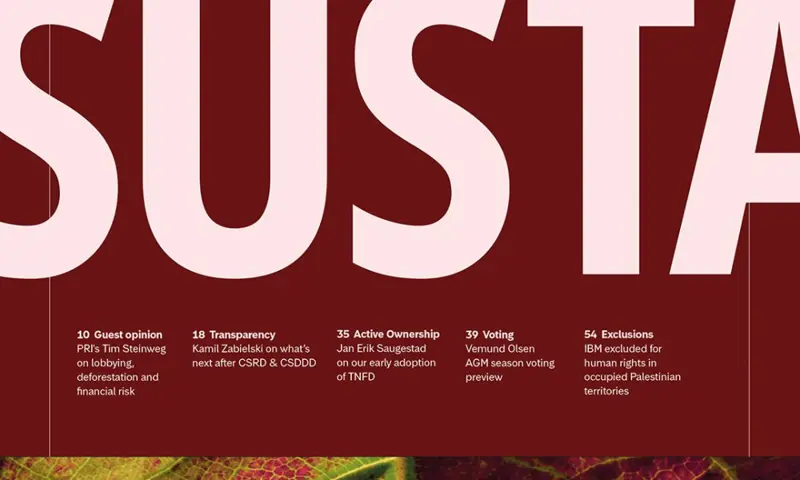 Magazine cover section showing article titles about sustainability, transparency, and corporate responsibility on a red background.