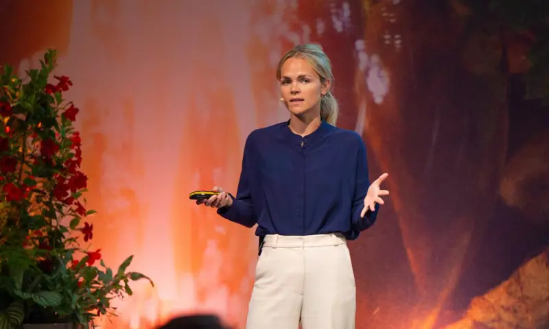 Picture of a woman talking on a stage.