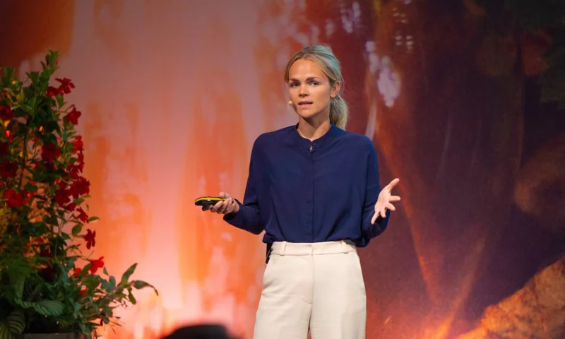 Picture of a woman talking on a stage.