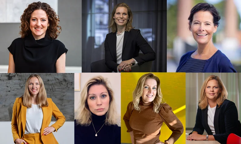 A collage of seven professional women, each posing confidently in business attire, representing leadership and diversity in a corporate setting.