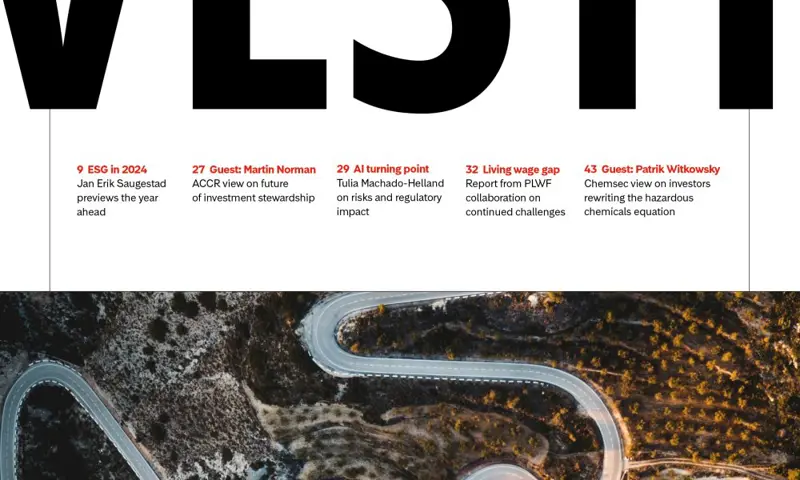 magazine or report cover listing featured articles related to responsible investment.